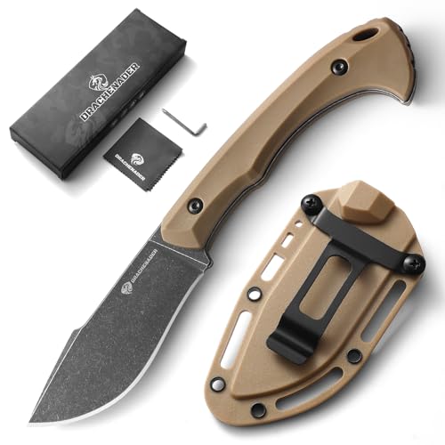 DRACHENADER L-Y Cuchillo De Caza, 8, 8 cm De Acero 5cr13mov, Espiga Completa, Pequeño Cuchillo Al Aire Libre,Blackwash-Finish Cuchillo- Mango Color Khaki