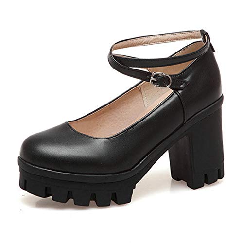 GGBLCS Mary Janes Plateau Pumps Blockabsatz Damen Doppelschnalle Kreuz Runden Zeh High Heels Gefüttert Schuhe Sandalen 35-43,Schwarz,37 EU Cover