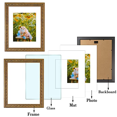 Frametory, Set Of 3, 11X14 Ornate Photo Frame With White Color Mat For 8X10 Picture & Real Glass, Bronze #TOP5