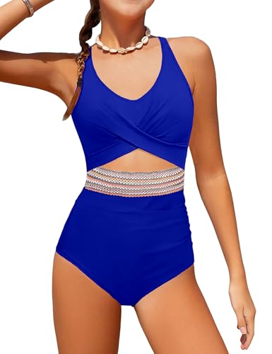 Image of Girls Swimsuit Criss Cross Cutout One Piece Bathing Suit Color Block V Neck Back Tie Swimwear 9-16Y