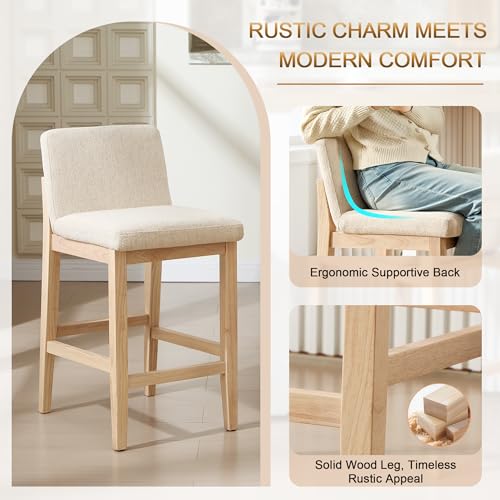 Image of Zesthouse Wood Bar Stools Counter Height Set of 2, 26 inch Modern Bar Stools with Back & Solid Wooden Leg, Mid Century Farmhouse Barstools, Beige Linen High Chairs for Kitchen Island, Antique Brown Finish