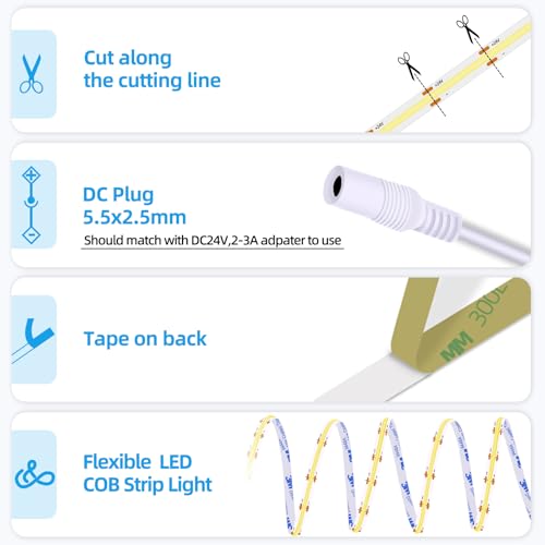 Image of LED Strip Lights 24V COB Warm 3000K 16.4ft /5M (No Power Supply)