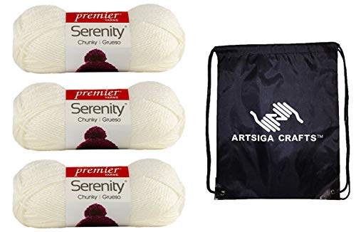 Premier Knitting Yarn Serenity Chunky Big Cloud Dancer 3-Skein Factory Pack (Same Dye Lot) 1061-11, Soft Easy-Care Quick-Knit Acrylic Blend, Bundle with 1 Artsiga Crafts Project Bag
