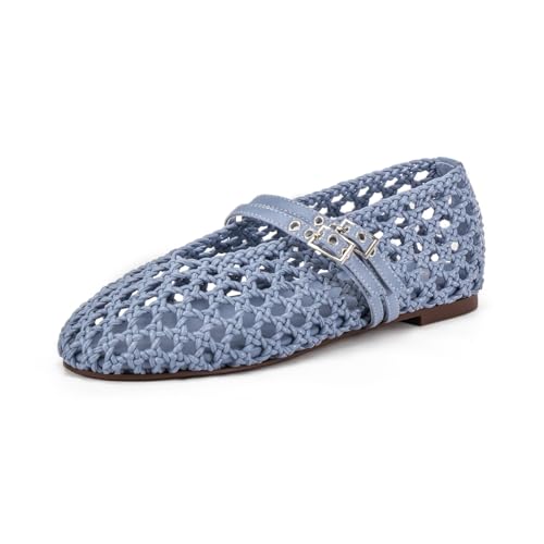 Image of Women's Woven Mary Jane Flats - Mesh Ballet Flats with Adjustable Double Metal Buckle Strap and Round Toe