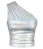 Amy Babe Women's Liquid Metallic Crop Tops Sleeveless Ruched One Shoulder Top Night Out Clubwear