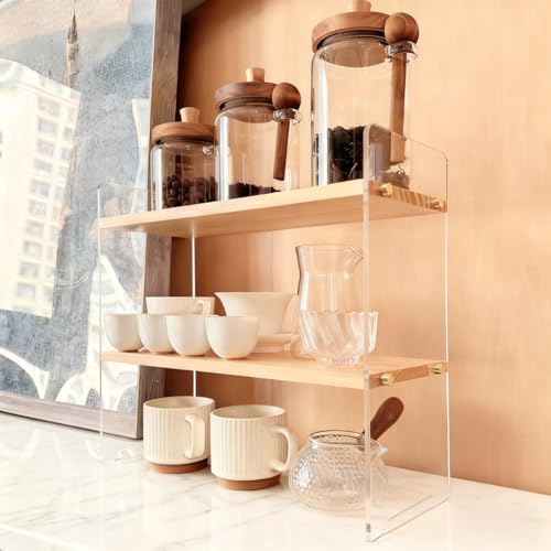 ReeGii Coffee Station Organizer 2 Tier, Solid Wood Mug Shelf