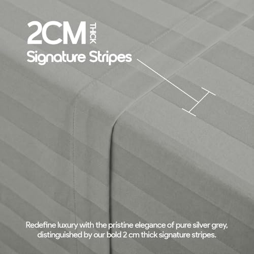 Image of LINENWALAS Cotton 300 Thread Count Single Size Bedsheet Set | 2 cm Sateen Stripe Design | Cloud-Soft, Breathable & Skin-Safe |Oeko-TEX Certified Hotel-Style Bedding (60 x 90, Silver Grey)