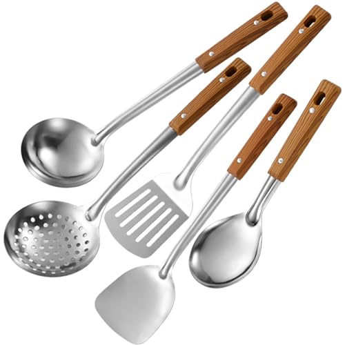 Lodoot Küchenutensilien-Set, Wok-Spatel, Suppenkelle, Sieb mit Holzgriff, Edelstahl, 5-teilig