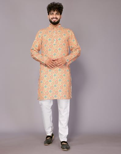 Image of LookMark Men's Cotton Blend Printed Long Kurta Suitable for All Indian Wedding, Occasions, and Festivals