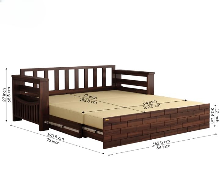 Image of Sheesham Wooden Sofa Cum Bed for Living Room with Side Pocket Storage - 3 Seater Sofa Cum Bed with Storage - 3 Person Sofa Cuma Bed Wooden with Premium Cushion Seating (Walnut)
