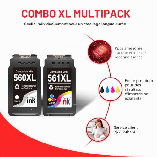 Starink PG-560/CL-561 XL Lot de 2 Cartouches d'encre Compatibles Canon 560 561 XL (1 Noir, 1 Couleur) pour Pixma TS5350 TS5351 TS5352 TS5353 TS7450 TS7451 TS5350i TS5350a TS7450 TS5351i