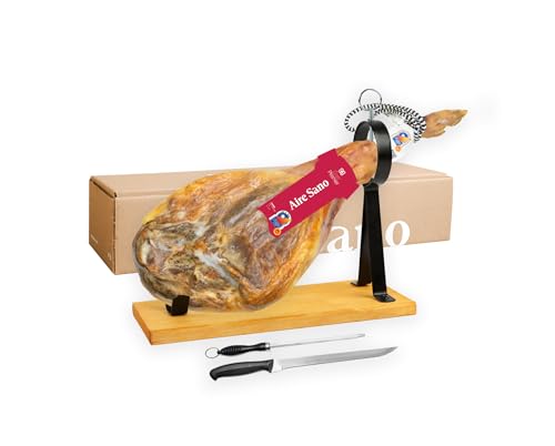 Jamón de Teruel D.O.P. Gran Premier de Aire Sano (7,5 9,5Kg)   Alto contenído en Proteínas, Sin Gluten y Sin Lactosa  Incluye jamonero + cuchillo + chaira + estuche