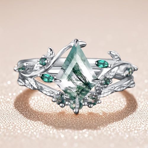 Personalized 1 Carat Natural Moss Agate Engagement Ring Set for Women, 925 Silver/10K 14K 18K Solid Gold Art Deco Leaf Vine Wedding Ring Sets Bridal Promise Rings Gift for Her Bride Wife Mother4