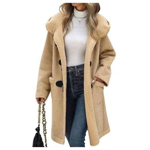 UMIPUBO Casaco feminino de camurça sherpa forrado com lã de ovelha de couro sintético, comprimento médio, com capuz e bolsos, Cáqui claro, P