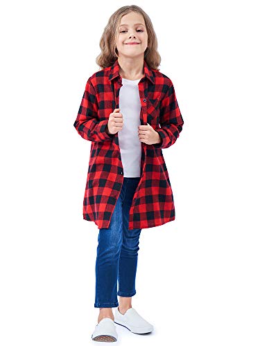 Image of OCHENTA Girls Flannel Shirt Dress 100% Cotton Plaid Button Down Buffalo Check Long Sleeve Kids School Outfits (3-12Y)