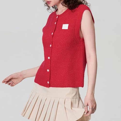 Image of Women Chunky Button Sweater Vest Sleeveless Round Neck Rib Knitted Tank Top Y2k Knitted Cardigan Vest Shirt