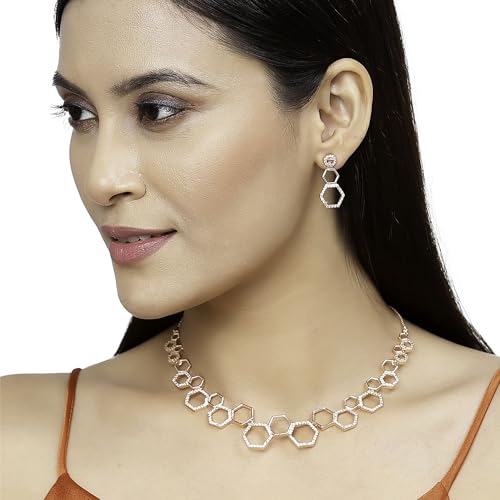 Rhodium-Plated Set: Diamond Necklace & Earrings
