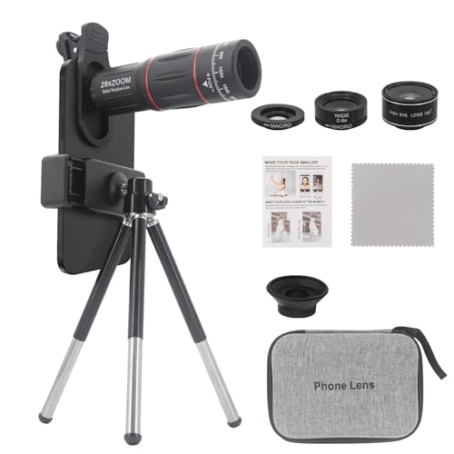 Phone Camera Lens Kit 4-in-1, Come with 28X Telephoto Lens, 25X Macro Lens, 198° Fisheye Lens, 4K 0.6X Wide Angle Lens,Clip, and Phone Mini Tripod for iPhone and Android Phone Series (BLACK)