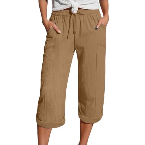 Capris Pants for Women Cotton Linen Casual Summer 2025 Wide Leg Loose Comfy Drawstring Elastic Waist Cropped Trousers A04-Khaki XL