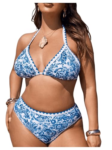 OYOANGLE Women's Plus Size 2 Piece Boho Printed Bikini Swimsuit Triangle Halter Bathing Suit High Waisted Swimwear