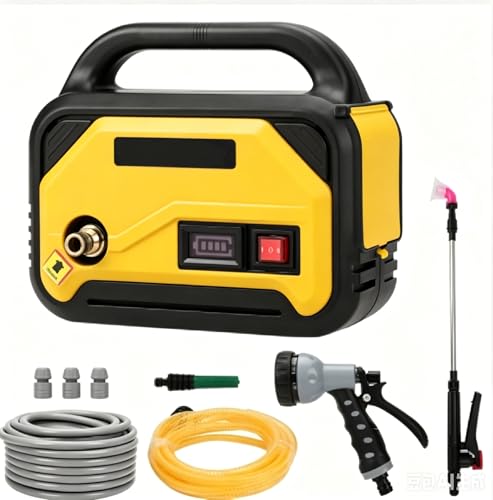 Ceritica 自吸式ウォーターポンプ コードレス 水中ポンプ 充電式 12L/分 給水・排水ポンプ 風冷システム 最大揚程30m/吸程3M 5m吸水ホース＋10m排水ホース スプレーガン7段調整 200W 洗浄ガン付き 自動起動停止 フィルター付 多用途ポンプ 洗車/散水/排水/水耕栽培/庭園灌漑用【本体のみ・バッテリーと充電器別売】 (イエロー)