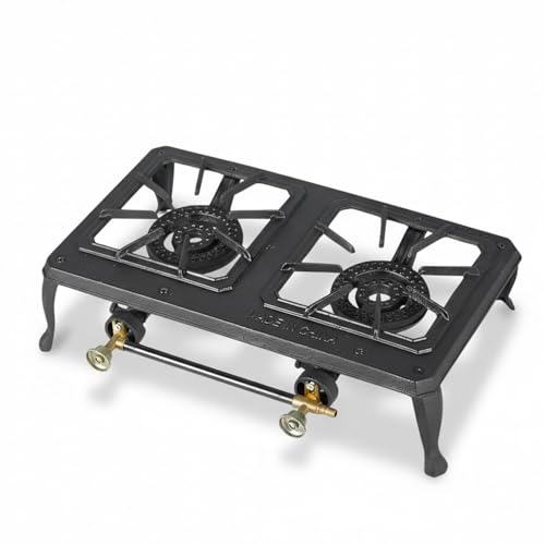 INTERGAS Dual Cast Iron Gas Burner – 6KW Double Camping Stove with Heavy Duty Frame – Portable LPG Cooker Outdoor Propane & Butane Twin Burner Hob for Caravan, BBQ, Festivals & Street Food Cooking