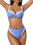 SUUKSESS Women Color Block Underwire Bikini Sets Cheeky High Cut 2 Piece Swimsuit Sweetheart V Neck Push Up Bathing Suit(Azure White,M)