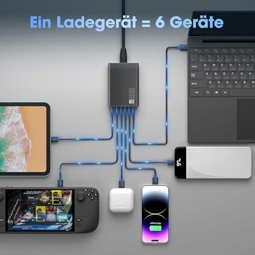 200W USB C Ladegerät, PD 100 W Schnellladegerät 6 Port Ladestation GaN-III Charger, Netzteile Kompatibel mit MacBook Pro/Air, Dell XPS… – Ansicht 3