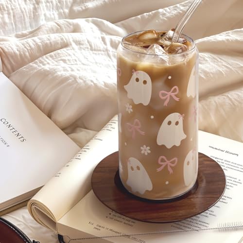 Halloween 16oz Can Glass Tumbler with Acrylic Lid & Straw, Iced Coffee Cup for Women Girls, Aesthetic Cups Gifts for Party - Image 5