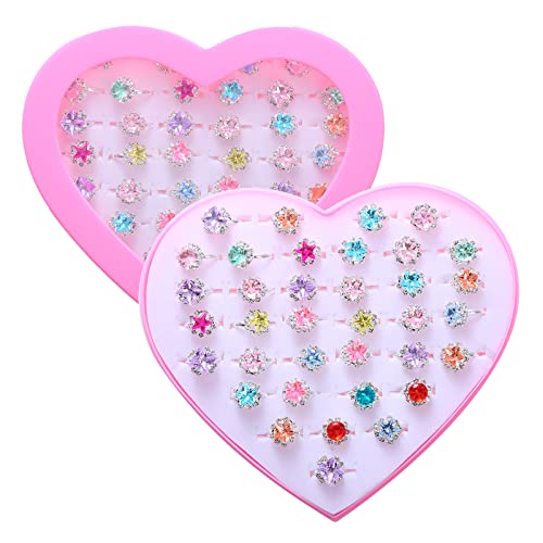 Moliuliu 36Pcs Little Girl Rhinestone Gem Rings,Adjustable,Random Color Style Kids Play Ring In Box,Pretend Play And Dress Up Rings For 4-12 Year Old Girl Birthday Gifts, 3 4 5 6 7 8 9 10 11 12 Year Old Toy F #TOP4