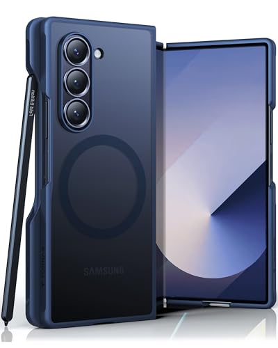 TORRAS Magnetic Shockproof Compatible with Samsung Galaxy Z Fold 6 Case with S Pen Holder, [Strong Magnetic] [Military Grade Drop Tested] Translucent Slim Phone Case for Z Fold 6, Navy Blue