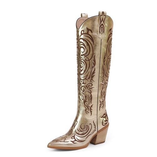 iiimmu Cowgirl Boots Women Knee High Pointed Toe and Block Heel Cowboy Faux Leather Boots with Embroidered Gold Size 9.5