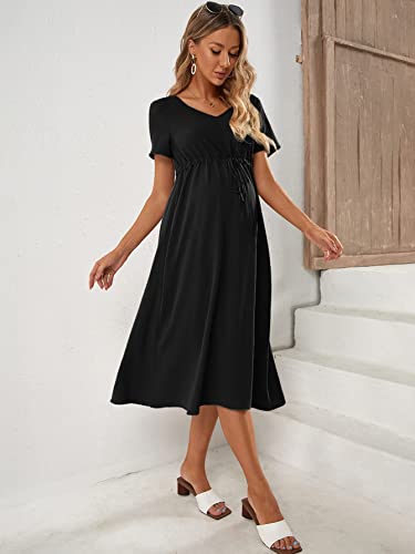 Makemechic Women's Maternity Dress Solid Short Sleeve V Neck A Line Pregnancy Midi Dress Black M #TOP3
