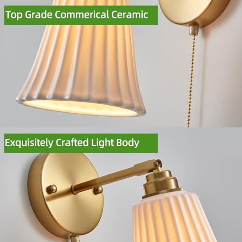 Image of Hardwired Wall Sconces Wall Lighting Set of 2, Modern Ceramic Gold Wall Sconce Light with Pull Chain Switch, Indoor Bedside Wall Lamp Light Fixture for Living Room Bedroom Kitchen Home Office Hallway