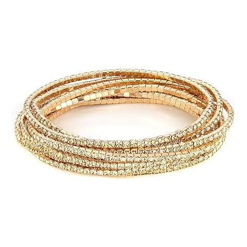 HZMAN 10 Pcs Tennis Bracelets Set for Women 14K Gold Plated Dainty Cubic Zirconia Adjustable Stackable Stretch Bracelet Wedding Party Jewelry Gift (Gold,7.0in) Cover