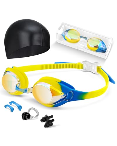 Image of Kids Swim Goggles, Anti-fog and UV Protection with Swim Cap for Age 3-15 Youth Boys Girls Toddler