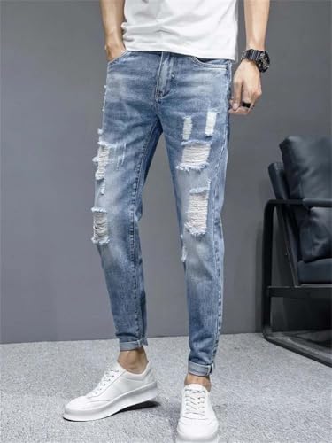 Men's Vintage Ripped Jeans Slim Distressed Stretch Cotton Ankle Length Denim Pants2