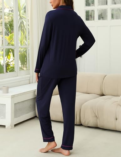 Image of ZMJ Button Down Pajama Set Long Sleeve Shirt and Pajama Pants Navy Blue XL