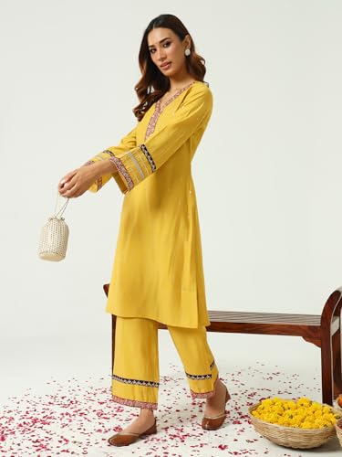 Image of FIORRA Women's Yellow Chanderi Straight Kurta and Palazzo Set