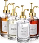 MHDCLY Coffee Syrup Dispenser, Syrup Dispenser, Coffee Bar Accessories, Set of 4 Syrup Dispensers 500ml Glass Bottles, Elegant Pumps and 24 Labels and Funnel & Pump, Syrup Pump, Gold