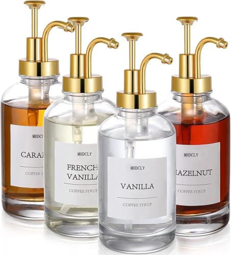 MHDCLY Coffee Syrup Dispenser Syrup Dispenser Coffee Bar Accessories Set of 4 Syrup Dispensers 500ml Glass Bottles Elegant Pumps and 24 Labels and Funnel & Pump Syrup Pump Gold