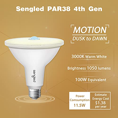 Sengled Motion Sensor Flood Lights Outdoor Dusk To Dawn Security Light Bulbs, E26 Par38 Motion Activated 3000K Warm White, 1050Lm, Waterproof Led Light Bulbs For Porch, Driveways, 4 Pack 4Rd Gen #TOP1