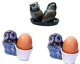 Salz und Pfefferstreuer , Eulen in grau beige Set 5 teilig incl 2 Eierbecher Eulens