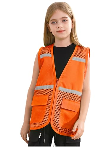Kvysinly Chaleco de seguridad para niños y niñas, sin mangas, con rayas reflectantes, chaleco de trabajo, naranja, 146-152