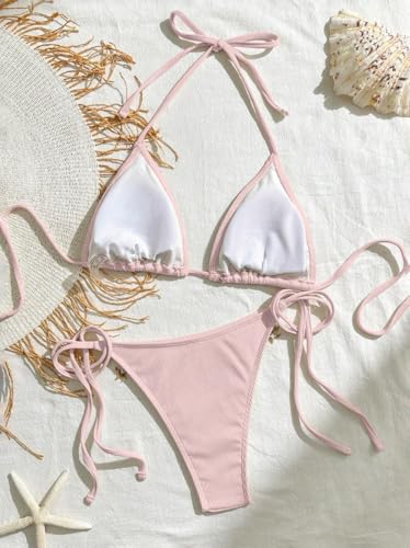 Womens Halter String Triangle Bikini Sets Shell Tassel Ribbed Bikini Two Piece Swimsuit High Cut Thong Bathing Suit3
