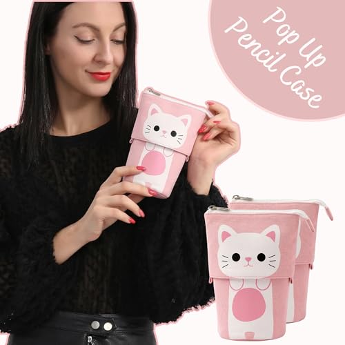 Image of FINEMOE Standing Pencil Case Cute Pencil Pouch for Girls Boys, Korean Boba Pop Up Stationery Makeup Cosmetic Organizer Box, Pouches for Stationary Boys Kids Women School Students (Pink Cat)