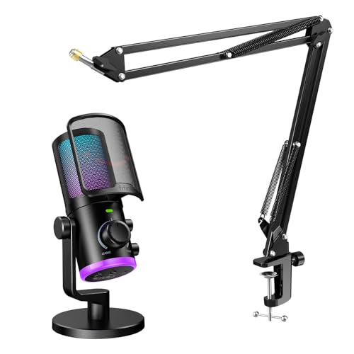 FIFINE Streaming Computer Microphone with Mic Boom Arm Set, Gaming USB Desktop Mic with RGB,Mute Button Bundle, Metal Mic Stand with Heavy Duty Clamp,3/8" to 5/8" Adapter for Recording,Studio(AM6+CS1)