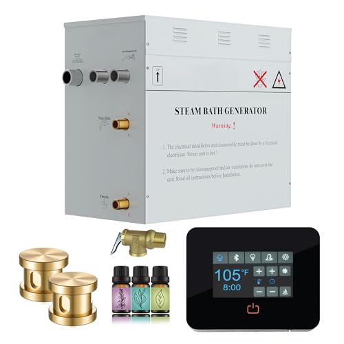 SaunaSpa Builders Series 10.5kW Steam Bath Generator with Quickstart Continuous Steam, Black Digital Touch Pad, Built-in Auto-Drain, and Aroma Steamhead in Gold Finish