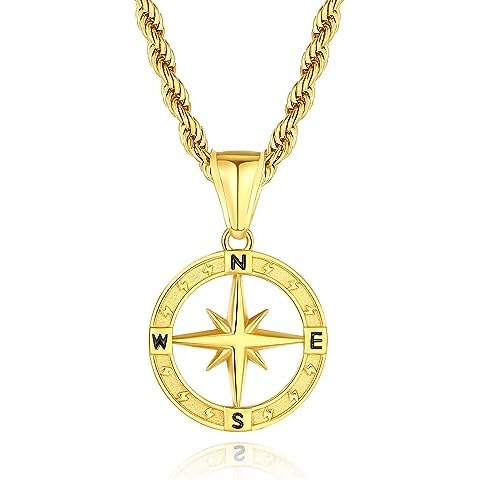 JAYUMO Men's Compass Pendant Necklace for Men Women 18K Gold Silver Plated Stainless Steel Necklace for Men Gold Chain Jewelry Gifts for Dad Husband Birthday Christmas Valentines Day (Gold) Cover