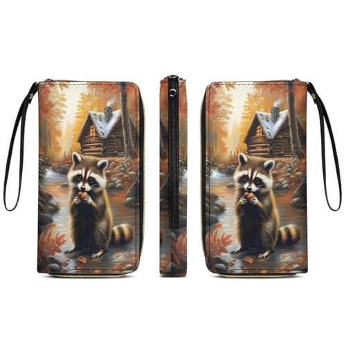 Fall Raccoon Cabin Woods Women's Wallet Wristlet Zipper Purse with Hand Strap Travel Credit Card Holder for Daily Use Gifts4